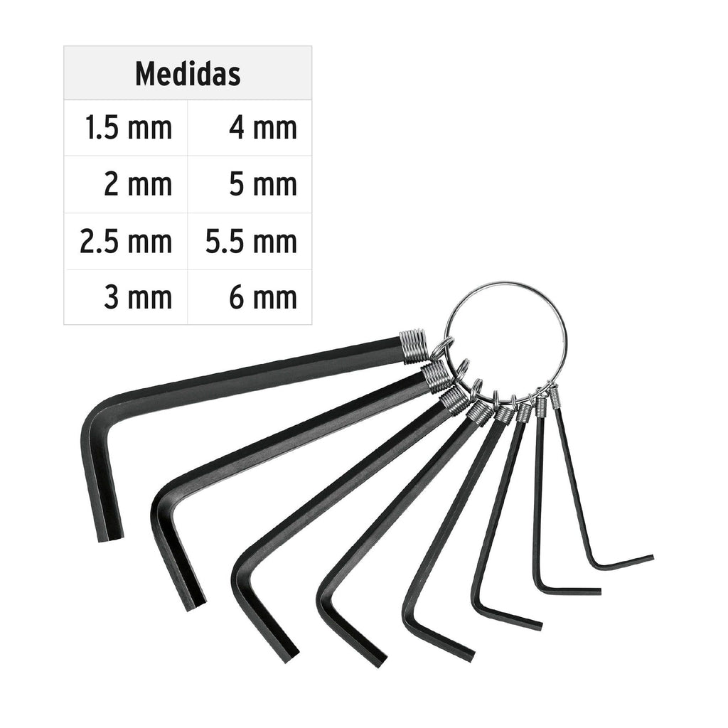 Juego de 8 llaves hexagonales mm, tipo llavero, PRETUL