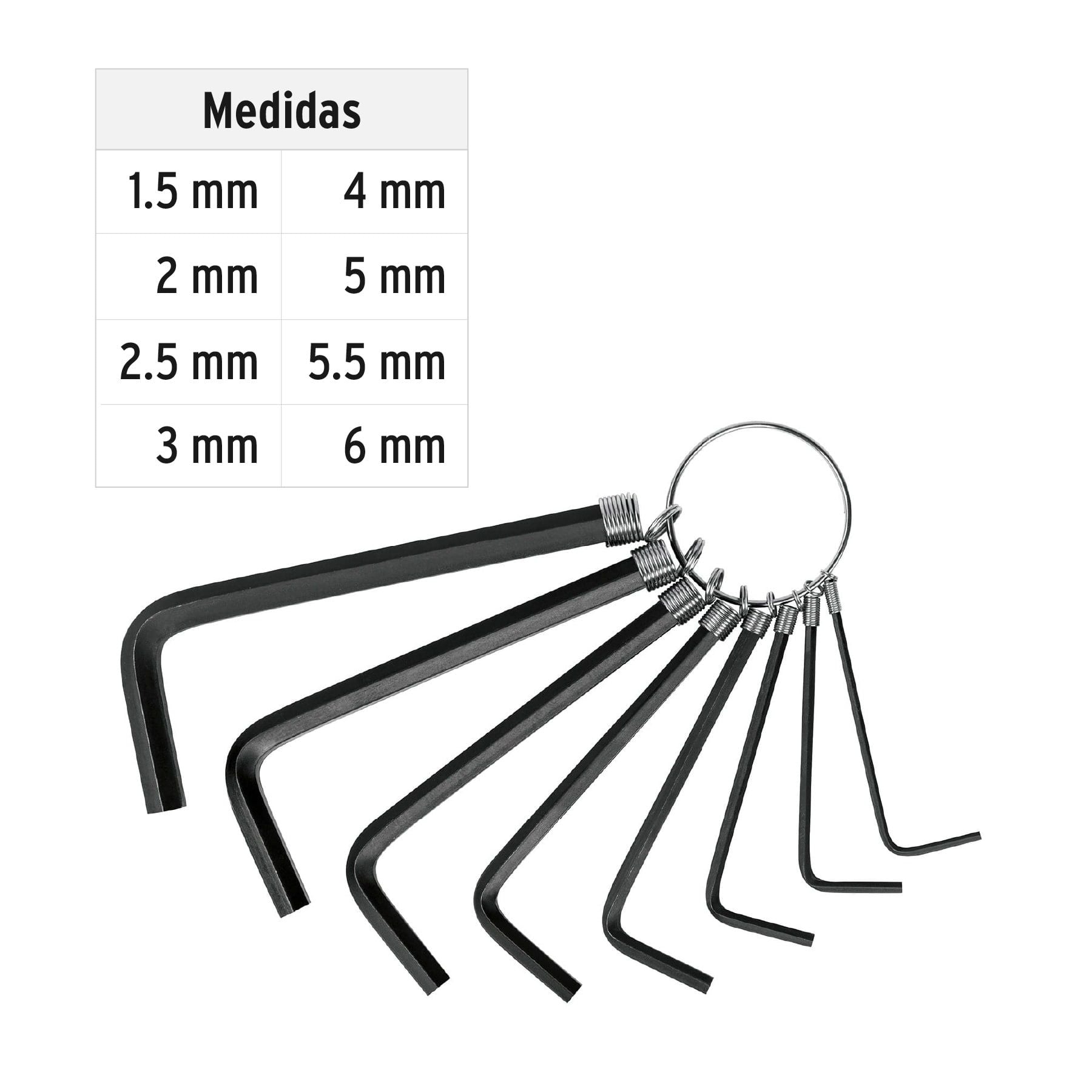 Juego de 8 llaves hexagonales mm, tipo llavero, PRETUL