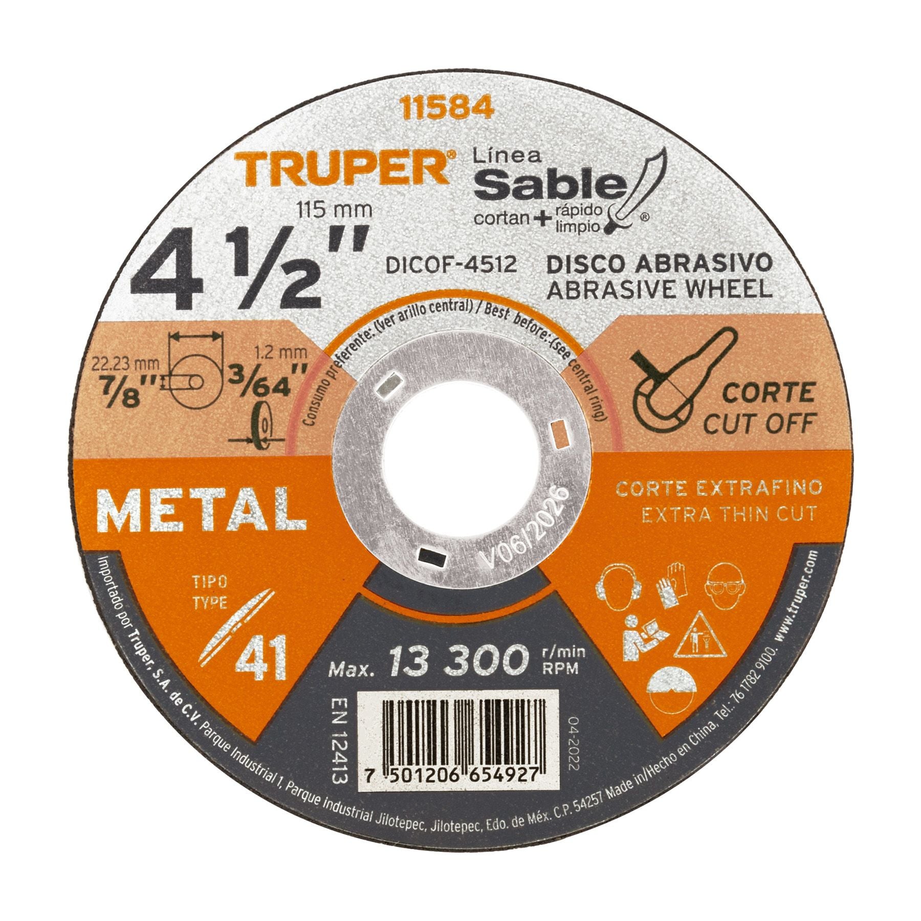 Disco abrasivo de corte preciso metal 4-1/2" x 1.2 mm,TRUPER