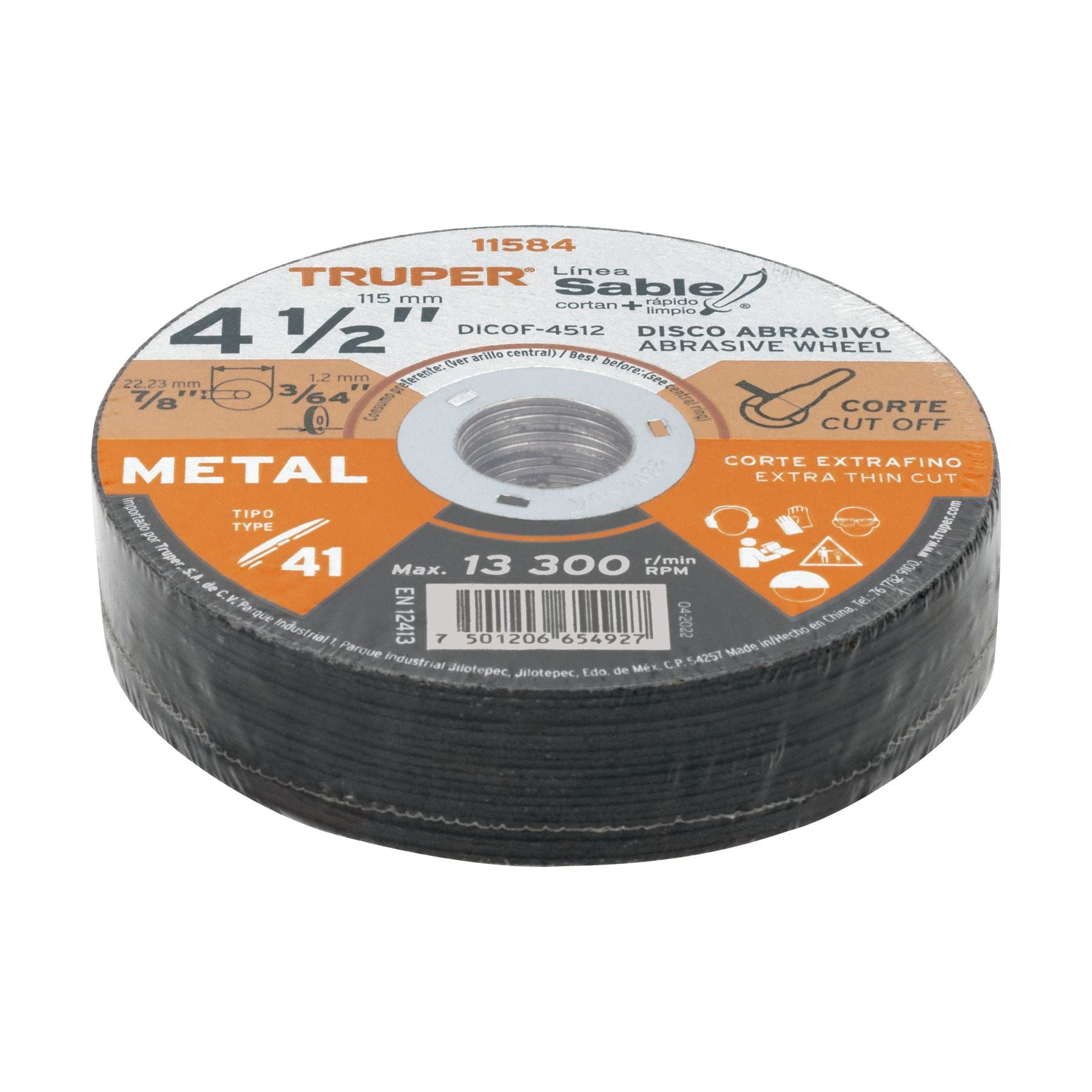 Disco abrasivo de corte preciso metal 4-1/2" x 1.2 mm,TRUPER