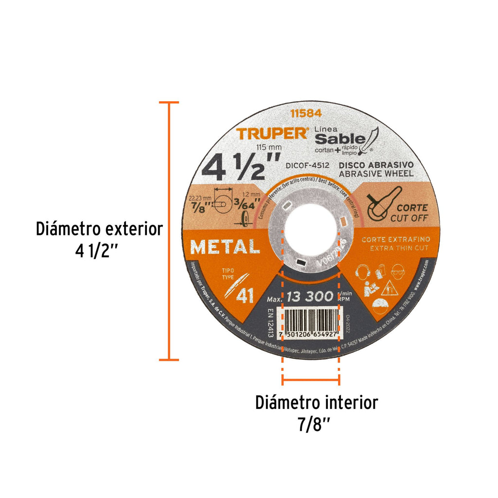 Disco abrasivo de corte preciso metal 4-1/2" x 1.2 mm,TRUPER