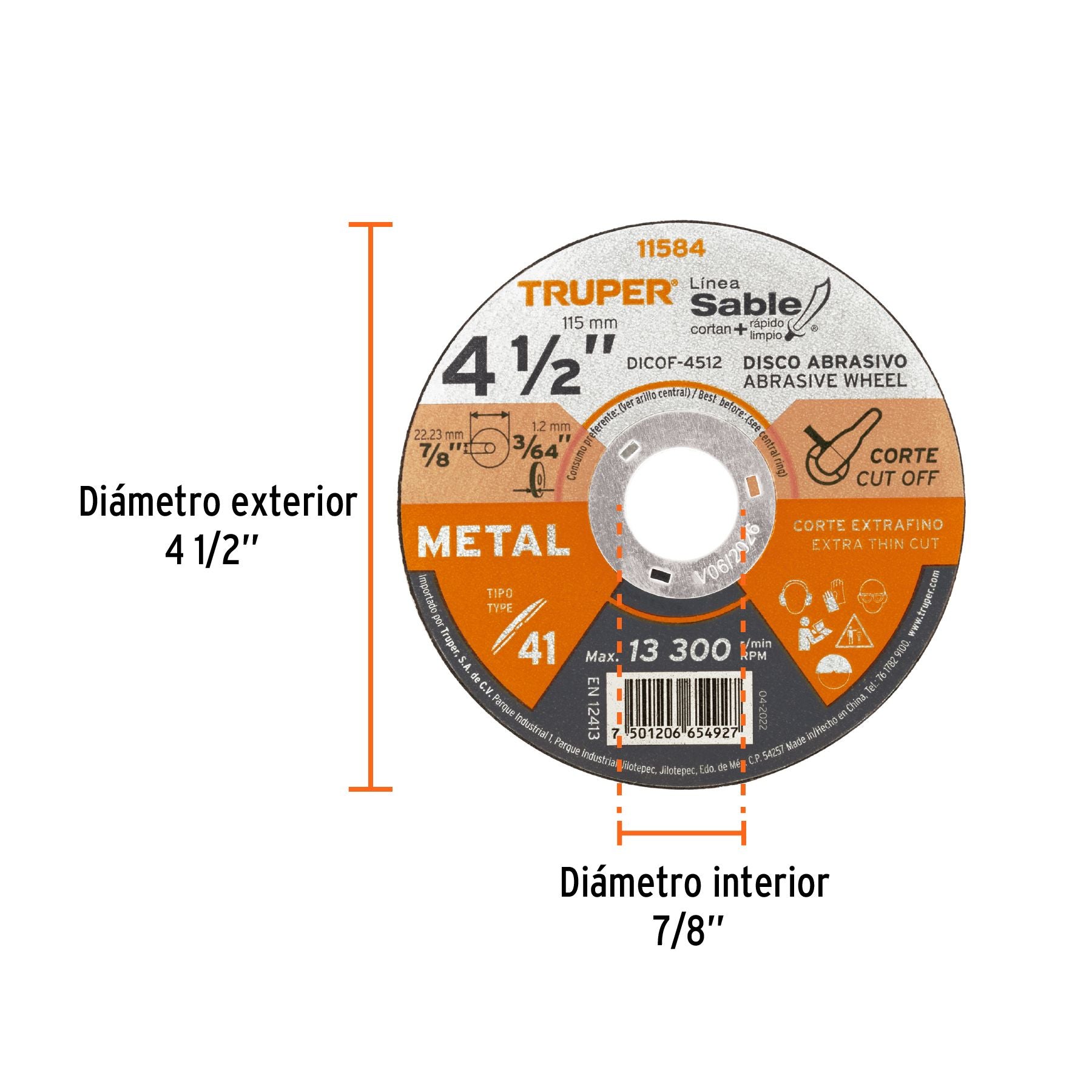 Disco abrasivo de corte preciso metal 4-1/2" x 1.2 mm,TRUPER