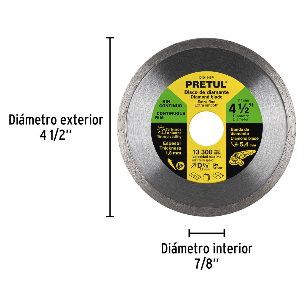 Disco de diamante de 4-1/2" x 1.8 mm, rin continuo, PRETUL