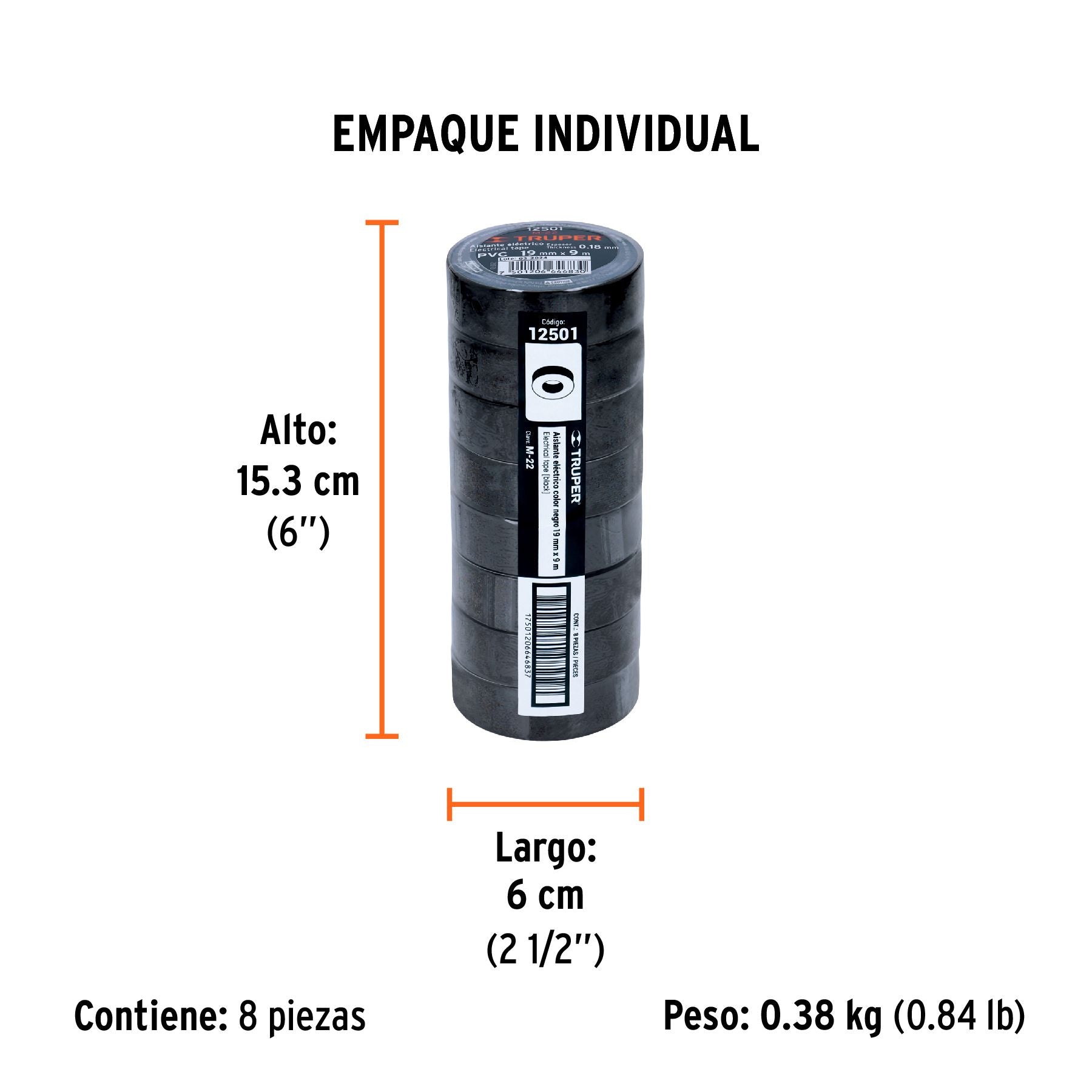 Cinta de aislar de 9 m x 19 mm, negra, TRUPER