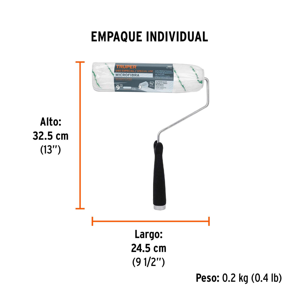 Rodillo para pintar 9 x 3/8" microfibra, sup. poco rugosas