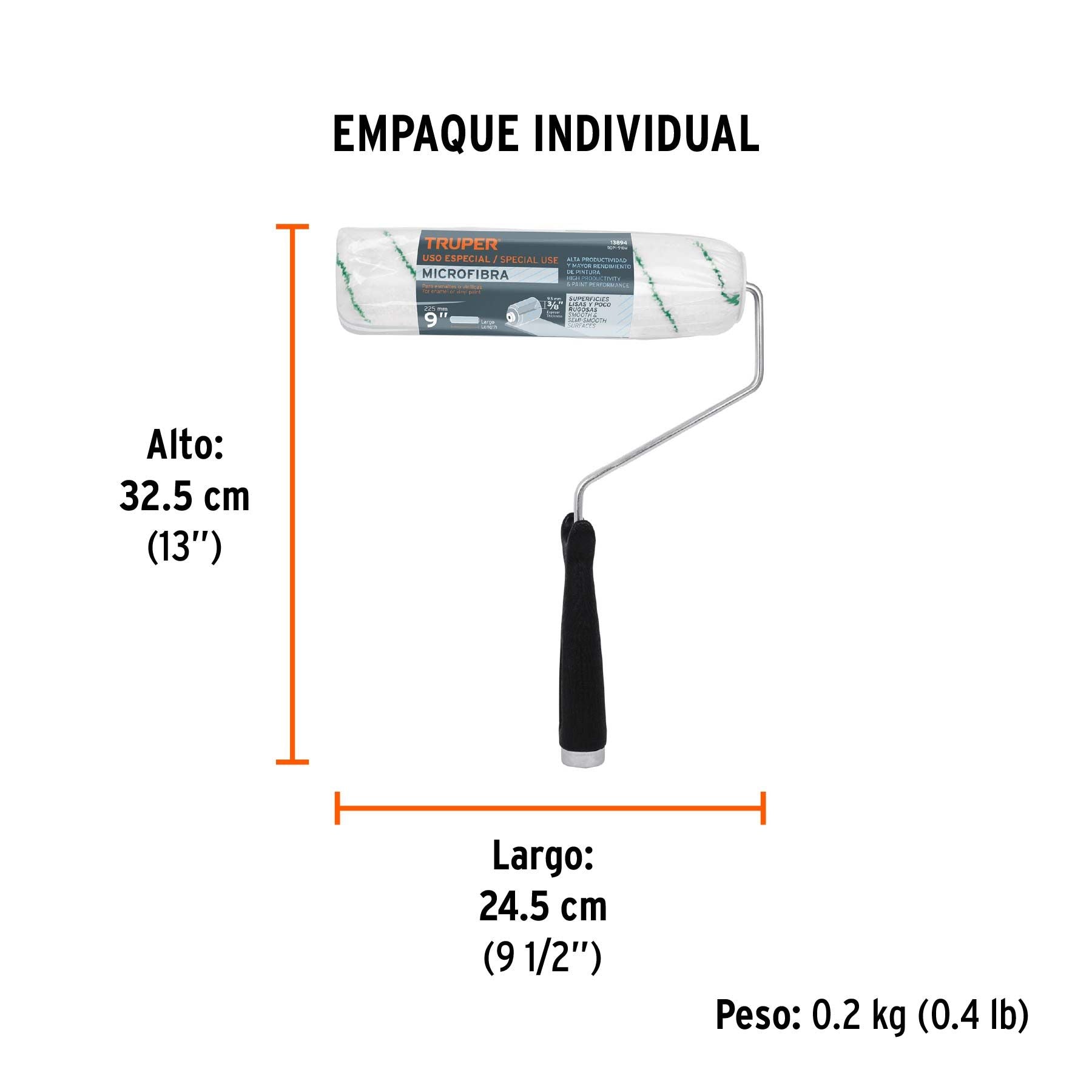 Rodillo para pintar 9 x 3/8" microfibra, sup. poco rugosas